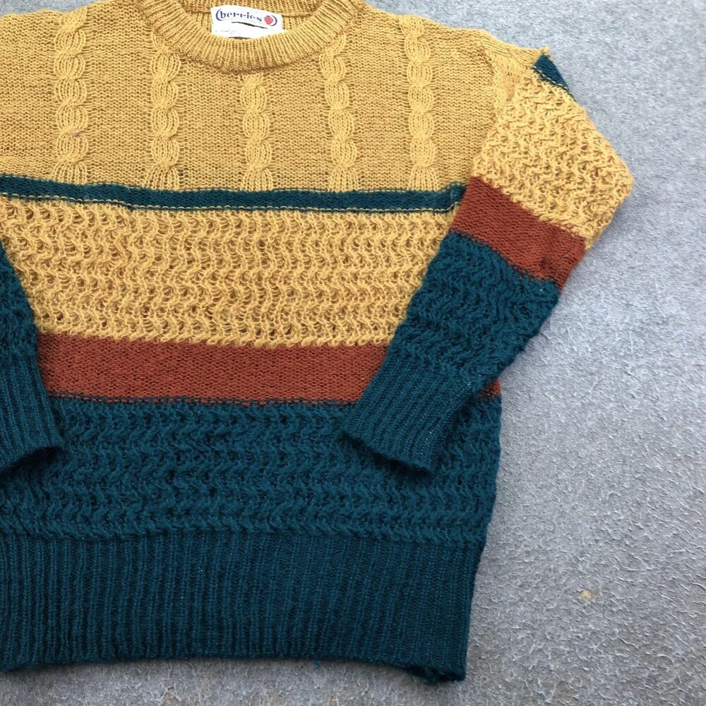 Vintage Berries Sweater Mens Large Multicolor Striped Knit Crewneck Heavyweight